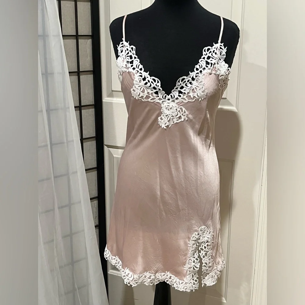 THXSILK Silky Blush Pink Lace Trim Slip SILK Dress women SIZE 8/10